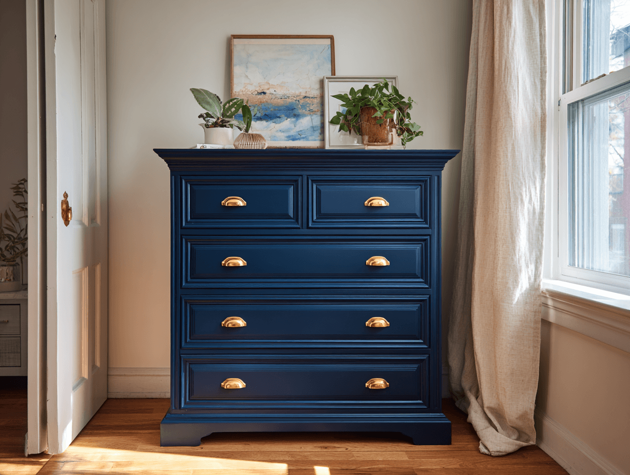 Navy blue painted dresser makeover
