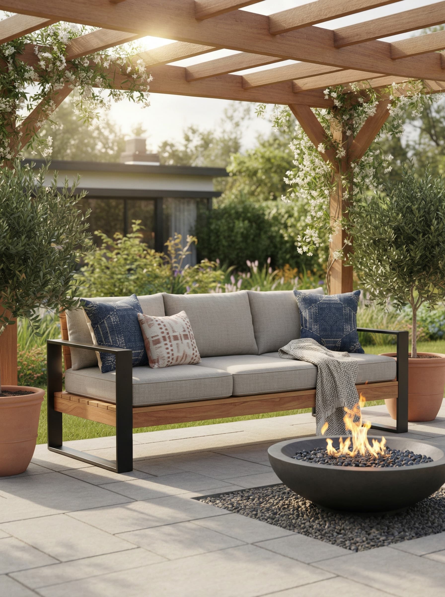 Outdoor pergola with fire pit